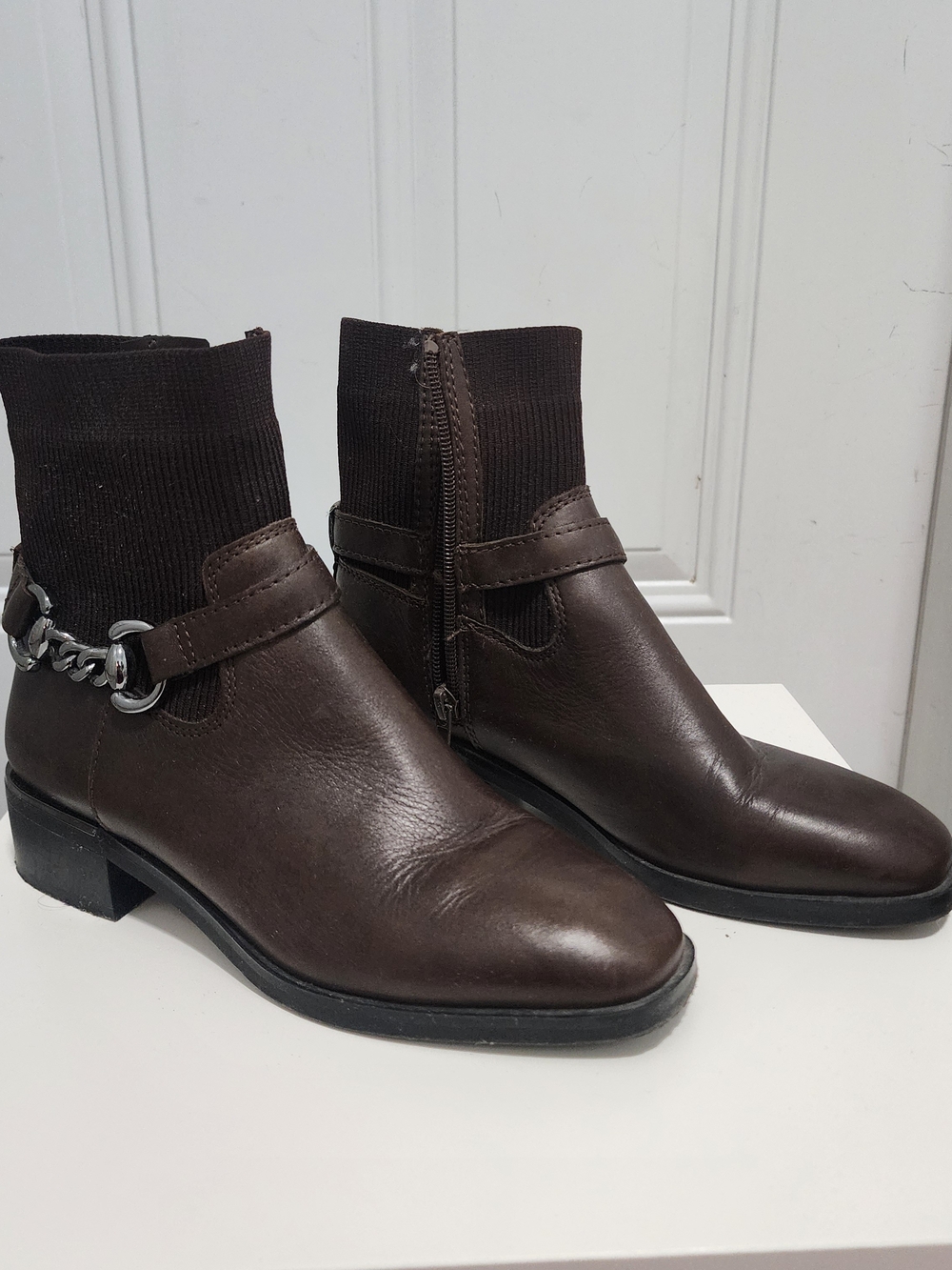 Aldo Dark Brown Leather Ankle Boots with Chain Accent